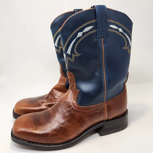 Road Wolf Mens Blue Brown Leather Western Cowboy Boots 8 M Broad Square Toe - Picture 6 of 12